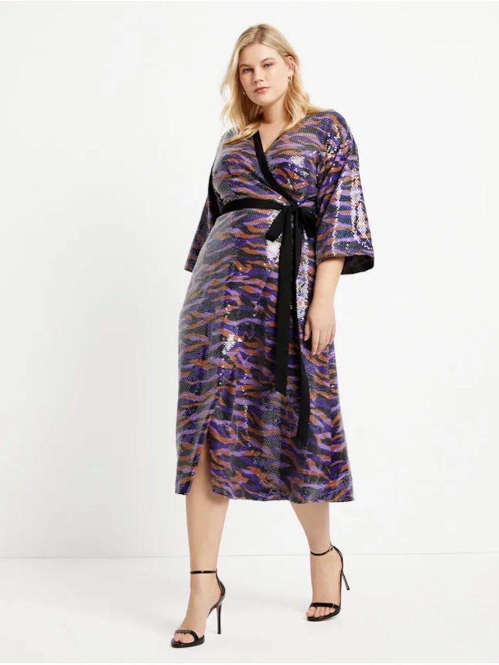 Eloquii Purple and Black Sequined Wrap Dress